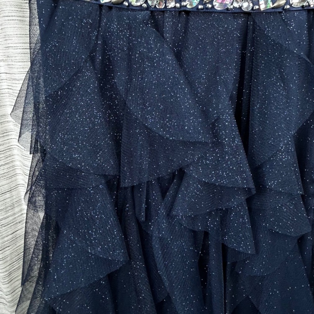 Teeze Me Navy Blue Glitter Tulle Strapless Ruffle Party Dress Rhinestone Belt 3 - Picture 9 of 9